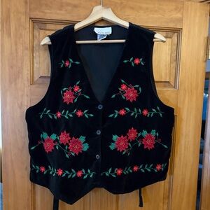 Vintage Casey & Max Black Holiday Vest with Red Poinsettia Floral Design